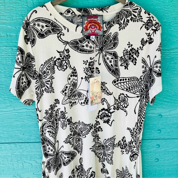 JOHNNY WAS JANIE BUTTERFLY HANDKERCHIEF HEM MIDI DRESS BLACK CREAM SIZE MED NWT - Picture 3 of 13